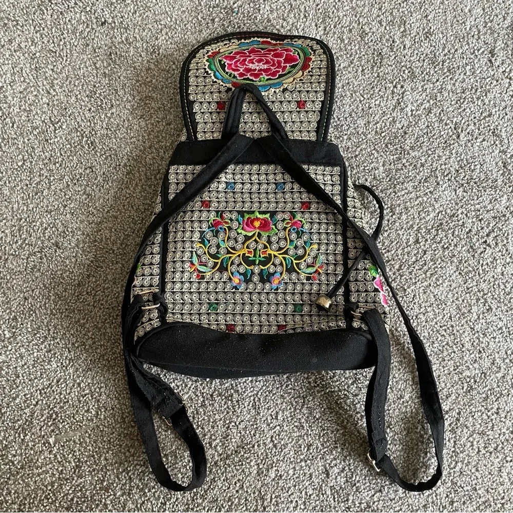 Embroidered Floral Small Backpack Drawstring Flap Over Fabric Ethnic Heritage